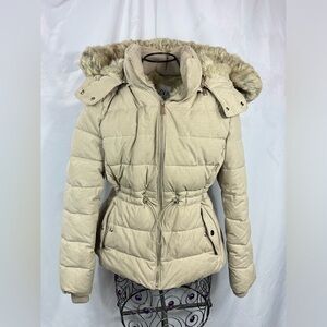 Zara cream quilted puffer faux fur lined hooded jacket size XL